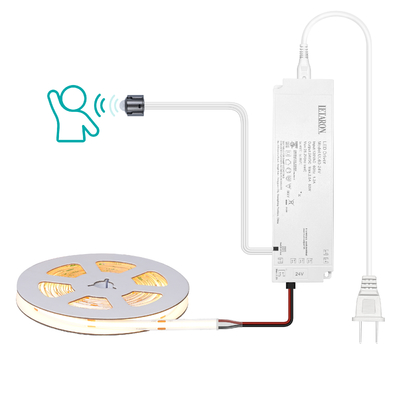 نوار نور LED LETARON COB، نوار LED 24 ولت، 480 عدد LED در هر متر، فوق العاده روشن با لومن بالا 3000K، سفید گرم 5 متر، قابلیت تنظیم نور با نوار 5 متری، منبع تغذیه 60 وات UL، سوئیچ PIR برای اتاق خواب، خانه، آشپزخانه DIY