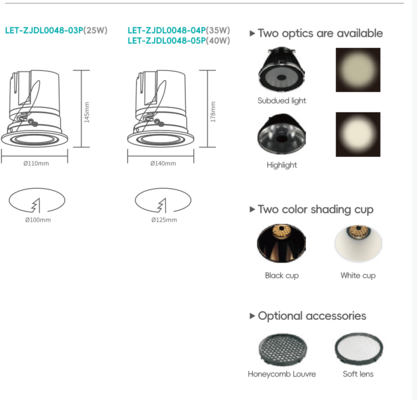 چراغ باز قابل تنظیم داخل ولتاژ ورودی:220V-240V اندازه:110*145mm/140*178mm برش: 100mm/125mm CRI≥92 تحمل رنگ≤4SDCM زاویه پرتو:15°/24°/38° قدرت:25W/35W/40W جریان نوری:60 lm/w
