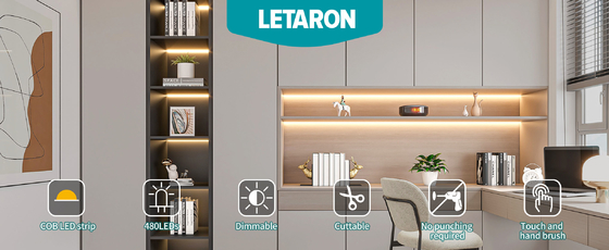 نوار نور LED LETARON COB، نوار LED 24 ولت، 480 عدد LED در هر متر، فوق العاده روشن با لومن بالا، 3000K سفید گرم، 3 متر، قابلیت تنظیم نور با نوار 3M، منبع تغذیه 30 وات UL، سوئیچ لمسی برای اتاق خواب، خانه، آشپزخانه DIY
