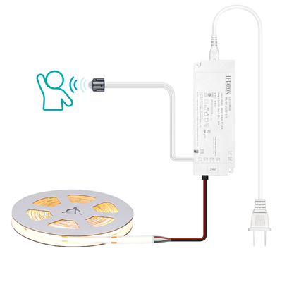 نوار نور LED LETARON COB، نوار LED 24 ولت، 480 عدد LED در هر متر، فوق العاده روشن با لومن بالا 3000K سفید گرم 3 متر، قابلیت تنظیم نور با چسب 3M، منبع تغذیه 30 وات UL، سوئیچ PIR برای اتاق خواب، خانه، آشپزخانه DIY