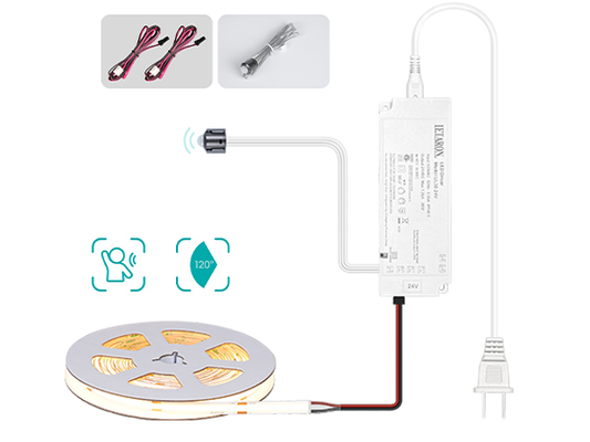 نوار نور LED LETARON COB، نوار LED 24 ولت، 480 عدد LED در هر متر، فوق العاده روشن با لومن بالا 3000K سفید گرم 3 متر، قابلیت تنظیم نور با چسب 3M، منبع تغذیه 30 وات UL، سوئیچ PIR برای اتاق خواب، خانه، آشپزخانه DIY