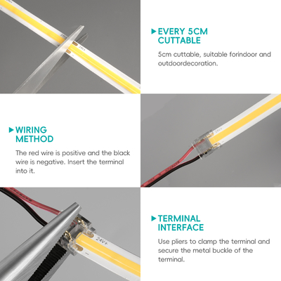 نوار نور LED LETARON COB، نوار LED 24 ولت، 480 عدد LED در هر متر، فوق العاده روشن با لومن بالا 6000K سفید، 3 متر، قابلیت تنظیم نور با چسب 3M، منبع تغذیه 30 وات UL، سوئیچ لمسی برای اتاق خواب، خانه، آشپزخانه DIY