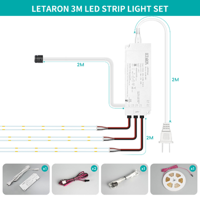 نوار نور LED LETARON COB، نوار LED 24 ولت، 480 عدد LED در هر متر، فوق العاده روشن با لومن بالا 6000K سفید، 3 متر، قابلیت تنظیم نور با چسب 3M، منبع تغذیه 30 وات UL، سوئیچ لمسی برای اتاق خواب، خانه، آشپزخانه DIY